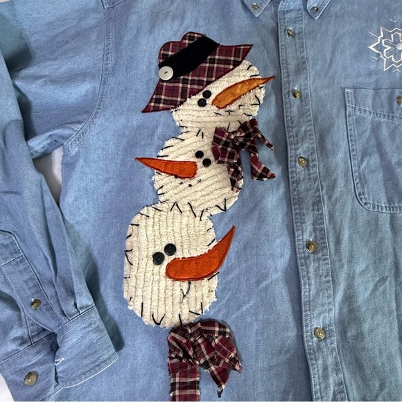Allsport Denim Jean Shirt Size Large Longsleeve Women Snowman Applique Teacher - Picture 3 of 10